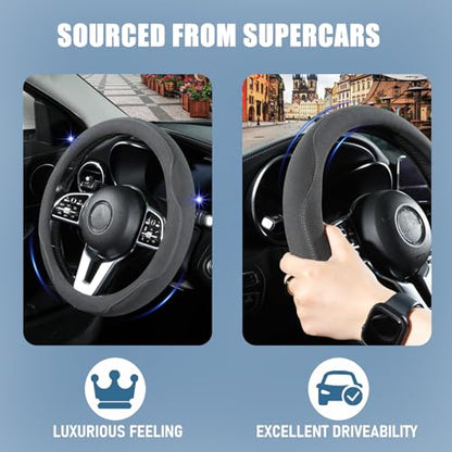 14 inch Brown Suede Steering Wheel Cover, Breathable Non-Slip Sweat-Proof Wear-Resistant No Pilling, Warm in Winter and Cool in Summer - color: Brown, size: Round-S[13.5''-14'']