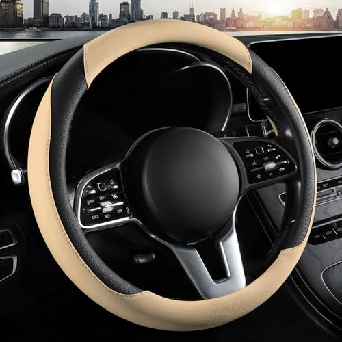 Car Steering Wheel Cover, Microfiber Leather Steering Wheel Cover Universal Fit 14.5-15 inch Anti-Slip Comfortable Breathable Car Wheel Protector for Men Women,Beige - color: Beige