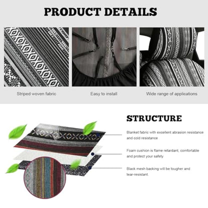 9PCS Baja Saddle Blanket Car Seat Covers, Front Set Breathable Washable Seat Covers with Seatbelt Pad, Striped Woven Cloth Airbag Compatible Seats Protector for Most Vehicles (Black White Thin) - color: Black White Thin