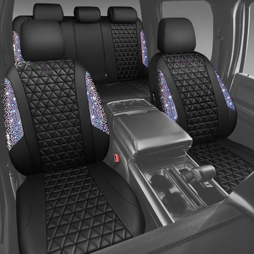 CAR PASS Bling Diamond Black Leather Car Seat Covers Full Set Interior Sets, Waterproof Shining Glitter Sparkly Crystal Armrest Fit Automotive Truck SUV Cute Women Girl, Bedazzed Iridescent Rhinestone - color: Bedazzed Rhinestone, size: Full Set
