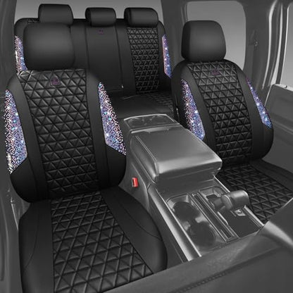 CAR PASS Bling Diamond Black Leather Car Seat Covers Full Set Interior Sets, Waterproof Shining Glitter Sparkly Crystal Armrest Fit Automotive Truck SUV Cute Women Girl, Bedazzed Iridescent Rhinestone - color: Bedazzed Rhinestone, size: Full Set