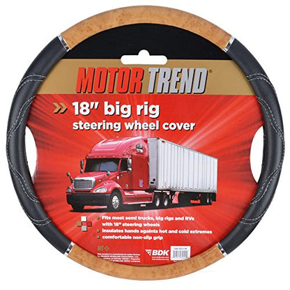 BDK Motor Trend Ergonomic Heavy Duty Large Steering Wheel Cover for Trucks Big Rigs Bus 18" Inch Large Steering Wheel, Light Wood with Black Leather Grip, Improve Grip Anti-Fatigue for Long Drives - color: Light Wood / Black