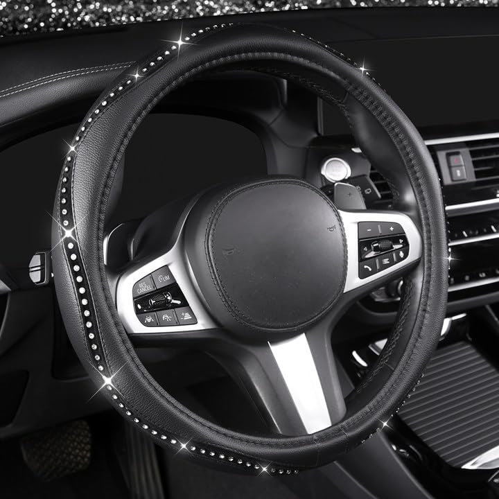 Bling Steering Wheel Cover - Crystal Studded Rhinestone Non-Slip Breathable Design for Women/Girls, Universal Fit 14.5-15 Inch Black