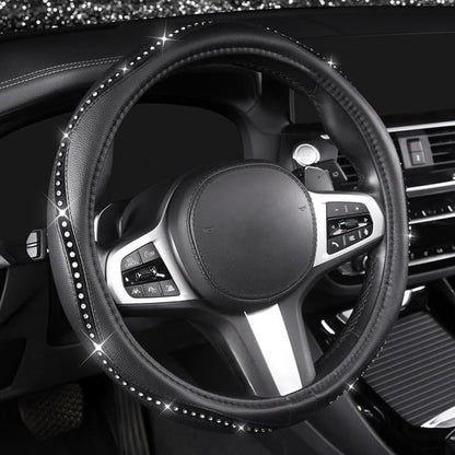 Bling Steering Wheel Cover - Crystal Studded Rhinestone Non-Slip Breathable Design for Women/Girls, Universal Fit 14.5-15 Inch Black
