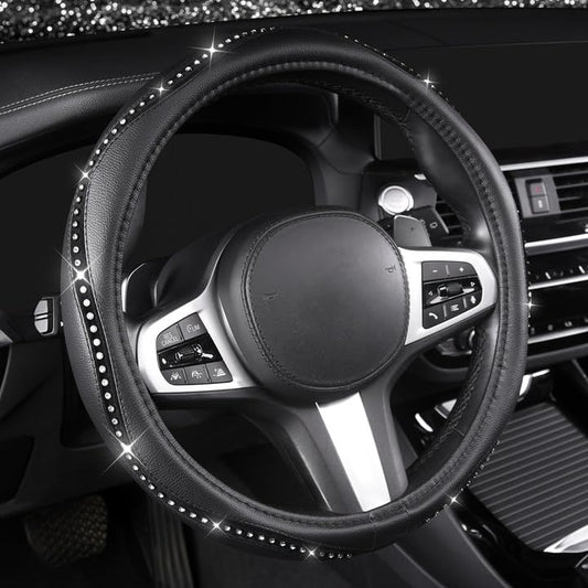 Bling Steering Wheel Cover - Crystal Studded Rhinestone Non-Slip Breathable Design for Women/Girls, Universal Fit 14.5-15 Inch Black