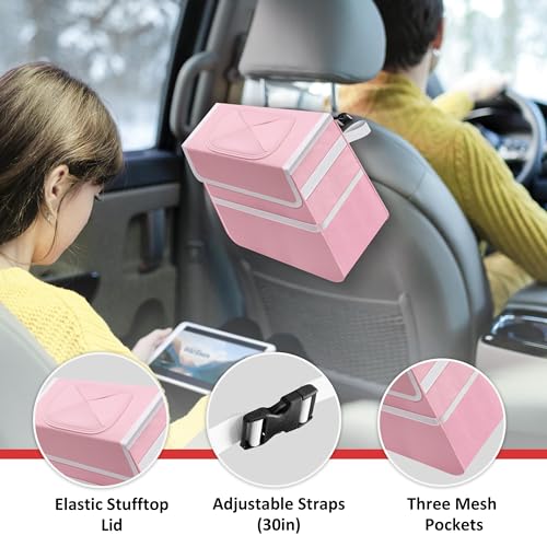 Healsmart 2 Gallon Car Trash Can Lid and Storage Pockets, Leak-Proof Collapsible and Portable Organizer, Multipurpose Garbage Bin with Adjustable Straps, Pink