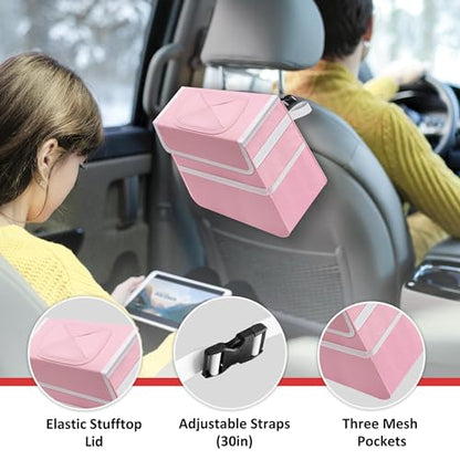 Healsmart 2 Gallon Car Trash Can Lid and Storage Pockets, Leak-Proof Collapsible and Portable Organizer, Multipurpose Garbage Bin with Adjustable Straps, Pink