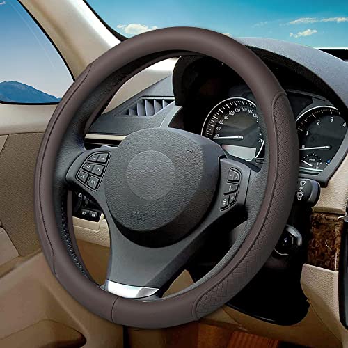 Microfiber Leather Steering Wheel Cover with Classic Embossing, Anti-Slip Breathable Auto Car Wheel Protector, 15 Inch, Coffee - color: Coffee