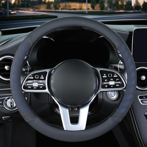 3D Premium Skin-Feel Leather Car Steering Wheel Cover, Anti-Slip Breathable Soft Slim Design, Universal 15 inch, Black with Blue - color: Black with Blue, size: Round-Medium[14.5''-15'']