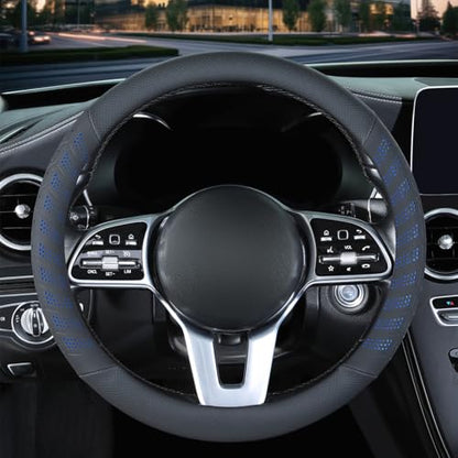 3D Premium Skin-Feel Leather Car Steering Wheel Cover, Anti-Slip Breathable Soft Slim Design, Universal 15 inch, Black with Blue - color: Black with Blue, size: Round-Medium[14.5''-15'']