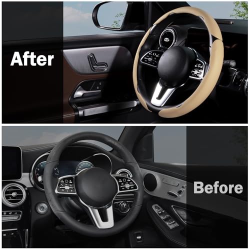 Car Steering Wheel Cover Leather Snap On 3Pcs Set Non-Slip Protector Wrap Steering Wheel Accessories 14.5-15 inch Universal Beige - color: Beige
