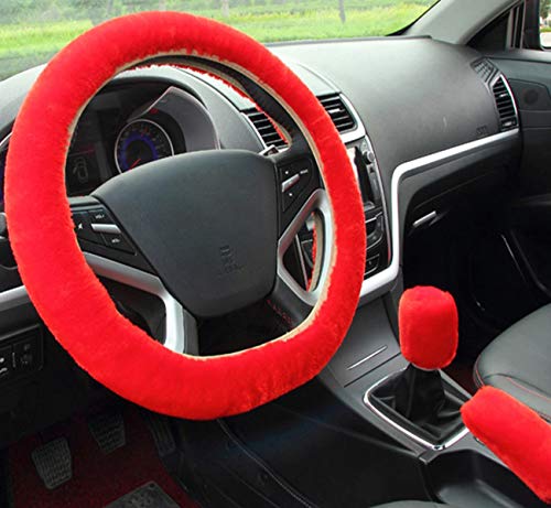 3Pcs/Set Fashion Faux Wool Fur Furry Steering Wheel Cover,Short Hair Soft Fluffy Handbrake Cover,Gear Shift Cover,Universal Thickening Fuzzy Warm Non-Slip Auto Interior (Manual,red) - color: red, size: Manual