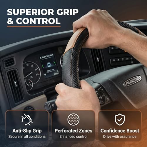 18 Inch Semi Truck Steering Wheel Cover for Freightliner Cascadia, Kenworth T680 T880, Peterbilt 579 & Volvo VNL – Heavy Duty Anti-Slip Leather Grip for Big Rig Class 8 Trucks – Brown - color: Royal Brown