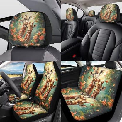 Animal Giraffe Car Rear Bench Protective Front Seat Car Accessories Full Set with Steering Wheel Cover Armrest Pad Headrest Covers Universal Fits for Cars SUV Truck - color: Animal Giraffe