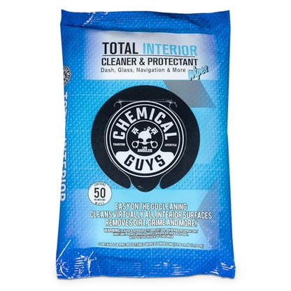 Chemical Guys Total Interior Cleaner & Protectant Wipes – 50 Pack Multi Surface Car Interior Cleaning Wipes for Dashboards, Doors and Seats – Safe for Trucks, SUVs, RVs and Home Use