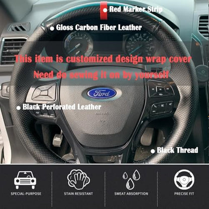 Steering Wheel Cover Hand-Stitch on Black Leather Gloss Carbon Fiber Protector Interior Steering Wheel Wrap for 2016 2017 2018 2019 Ford Explorer Base XLT Limited Platinum Sport