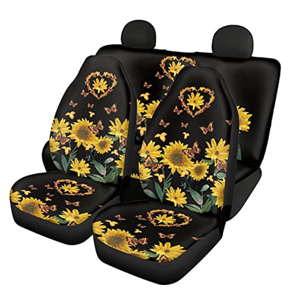 FUSURIRE Stylish Sunflower Love Print Car Seat Covers Full Set for Women, 4 Pcs Front and Rear Bench Seat Covers, Universal Auto Accessories for Most Cars Truck Van SUV - color: Sunflower Love Print