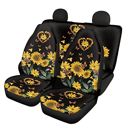 FUSURIRE Stylish Sunflower Love Print Car Seat Covers Full Set for Women, 4 Pcs Front and Rear Bench Seat Covers, Universal Auto Accessories for Most Cars Truck Van SUV - color: Sunflower Love Print