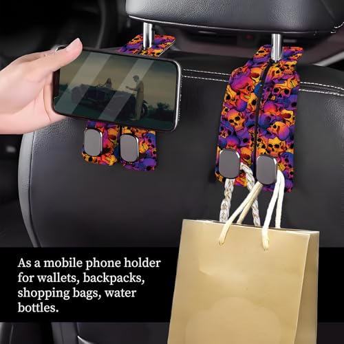Car Seat Headrest Hook, Universal Leather Cute Hanger Holder Hook, Storage Organizer Interior Accessories for Purse Bags Handbag Luxury Purple Skulls