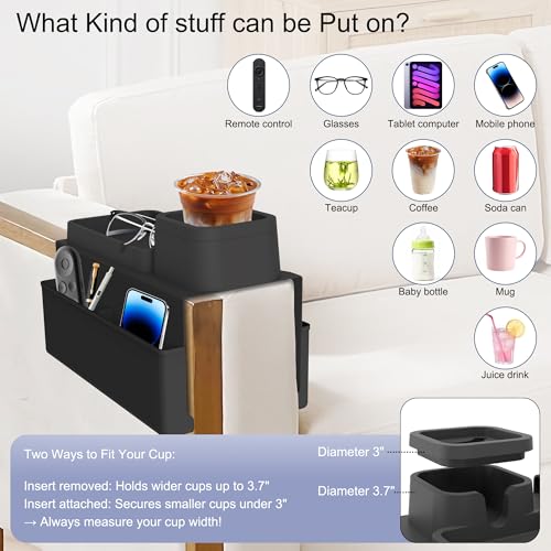 Couch Cup Holder Tray,Silicone Couch Arm Cup Holder,Couch Arm Organizer for Sofa Drinks/Phone/Remote/Snacks,Couch Armrest Recliner Armchair Caddy - Black - color: Black