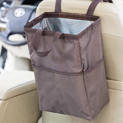 Ginsco New Leak-Proof Travel Car Trash Bag, 3.5 Gallons Large Capacity Hanging Car Trash Can with Hook and Loop Lid and Handle, Multipurpose Trash Bin with Storage Pockets for SUV RV Camping (Brown) - color: Brown, size: 3.5 Gallons