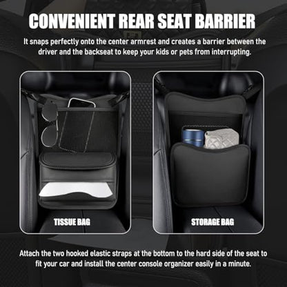 Car Organizer Storage Between Seats, Nappa Leather Front Seat Storage Bag with Tissue Holder, Automotive Console Hanging Net Pocket Handbag Holder for Phone Document (Black)