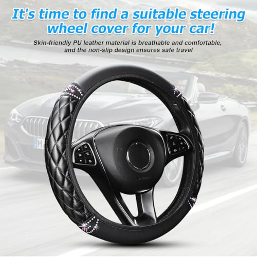 Bling Car Steering Wheel Cover, 14.5-15inch Sheepskin Crystal Rhinestones Elastic Vehicle Steering Wheel Protector, Auto Interior Accessories, Universal for SUV Sedan Truck (Black)