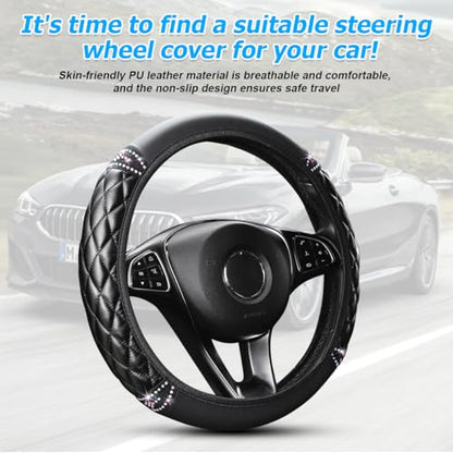 Bling Car Steering Wheel Cover, 14.5-15inch Sheepskin Crystal Rhinestones Elastic Vehicle Steering Wheel Protector, Auto Interior Accessories, Universal for SUV Sedan Truck (Black)