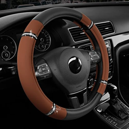 Road Comfort Leather Steering Wheel Cover – Premium Anti-Slip Car Steering Wheel Grip Cover – Universal Fit for 14.5”–15” Cars, Trucks & SUVs - Purple - color: Brown