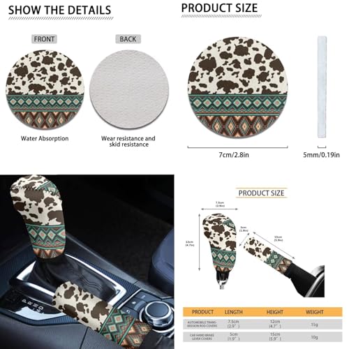 Dreaweet Aztec Cow Car Seat Covers Full Set for Women,Southwestern Car Accessories Interior,Native American Steering Wheel Cover with Center Console Cover,Seat Belt Pads,Car Coasters,Gear Shift Cover - color: Aztec Cow