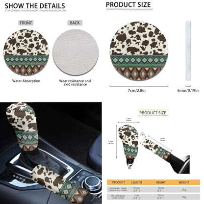 Dreaweet Aztec Cow Car Seat Covers Full Set for Women,Southwestern Car Accessories Interior,Native American Steering Wheel Cover with Center Console Cover,Seat Belt Pads,Car Coasters,Gear Shift Cover - color: Aztec Cow
