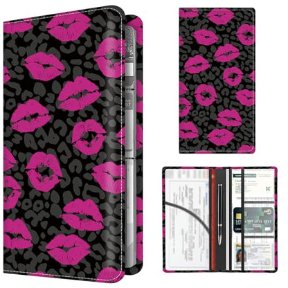 Premium Car Registration and Insurance Card Holder, Cute PU Leather Car Document Holder, Vehicle Glove Box Car Organizer with Magnetic Closure for Driver License, Cards Hot Lip Leopard - color: Hot Lip Leopard