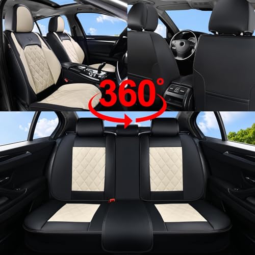 Coverado Car Seat Covers Full Set, Faux Leather Seat Covers for Car, Waterproof Car Seat Protectors 5 Seats, Automotive Seat Covers Universal Fit for Most Cars SUV Trucks- Black&White
