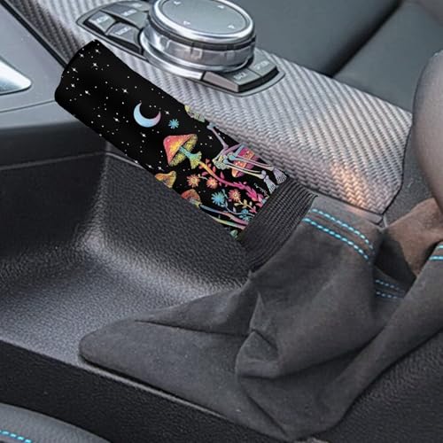 Skull Mushroom Moon Print Gear Shift Knob Cover Set with Handbrake Cover, Stretchy Universal Car Accessory