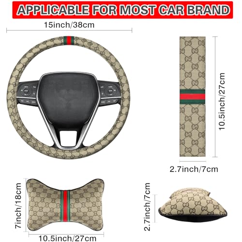 Steering Wheel Cover for Women with 2 Car Headrest Pillow and 2 Seat Belt Cushions Shoulder Pads Universal fit 14 1/2"-15" Steering Wheel Beige