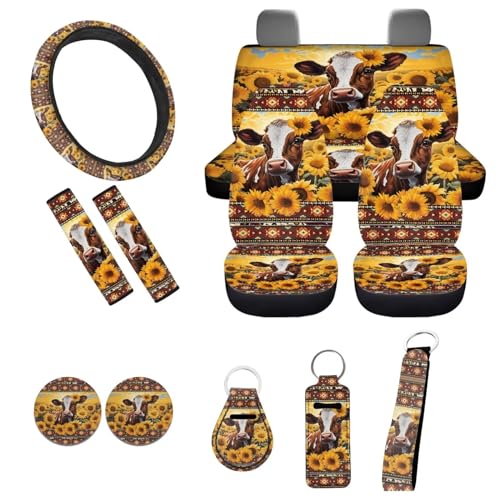 Sunflower Cow Car Seat Covers Full Set 11pcs Cow Car Accessories with Cow Auto Steering Wheel Cover Seatbelt Pads Keychain Cup Holder Pads for Most Vehicle - color: Aztec Sunflower Cow