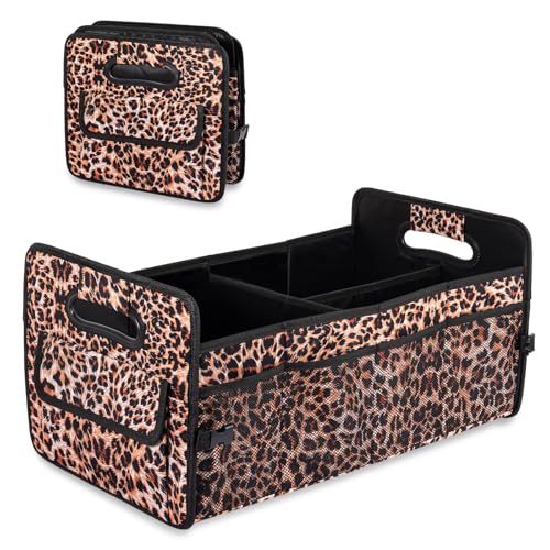 Car Trunk Organizers and Storage Collapsible Multi Compartment Container Box, Adjustable Car Accessories for SUV Sedan Truck, Large Size, Leopard Print - color: Leopard print, size: Large