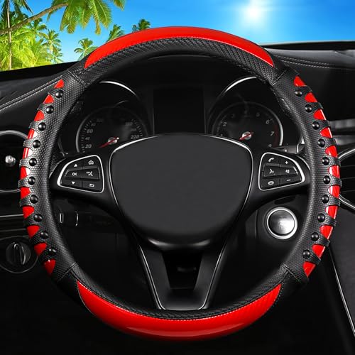 Car Leather Steering Wheel Cover - Carbon Fibre Material, Universal 14.5-15 Inch Leather Anti-Slip Breathable Auto Steering Wheel Covers for Men Women (3D Massage - Sports Red) - color: 3D Massage - Sports Red