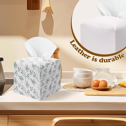 Watercolor Eucalyptus Leaves Tissue Box Cover - Green Leaves Branches Waterproof PU Leather Facial Paper Organizer, Decorative Square Holder for Bathroom, Home Office & Car Decorations - color: Green02