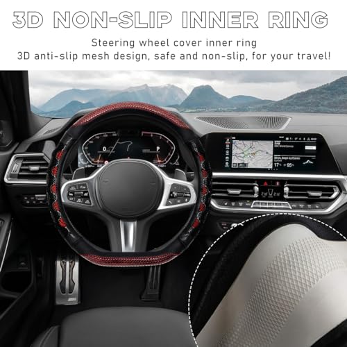 Car Steering Wheel Cover, 15 Inch Leather D-Shaped Comfy Grip Steering Wheel Protector, Anti-Slip Steering Wheel Cover with 3D Honeycomb for Most Vehicles, Car Accessories (Red) - color: D-Shape, Red
