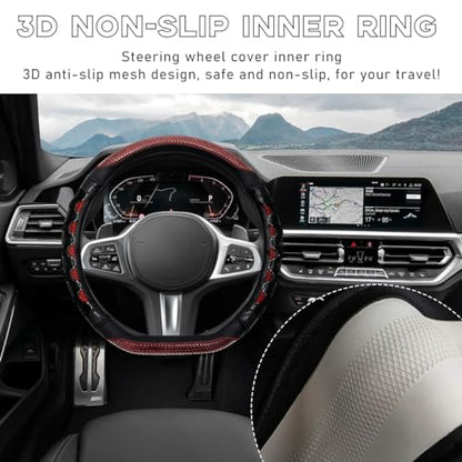 Car Steering Wheel Cover, 15 Inch Leather D-Shaped Comfy Grip Steering Wheel Protector, Anti-Slip Steering Wheel Cover with 3D Honeycomb for Most Vehicles, Car Accessories (Red) - color: D-Shape, Red