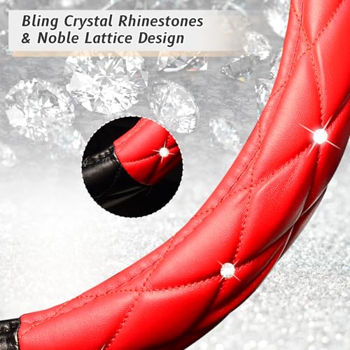 KAFEEK Diamond Soft Leather Steering Wheel Cover with Bling Bling Crystal Rhinestones, Universal 15 inch, Black Red - color: Black and Red, size: Medium(Standard) Size[14.5"-15"]