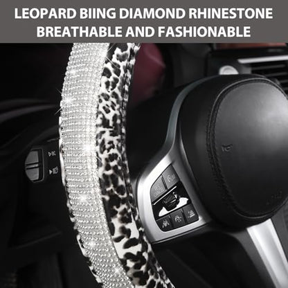 AUTOYOUTH Leopard Print Steering Wheel Cover - Bling Crystal Rhinestones Cheetah Print on PVC Leather Non-Slip Breathable Design for Women/Girls Universal Fit 14.5-15 Inch - White - color: WHITE