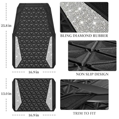 CAR PASS Bling Diamond Car Mats Rubber Floor Mats Full Set Anti-Slip 3D Rhombus Waterproof Trim to Fit Liner Universal Glitter Crystal Sparkly Shining Rhinestone Girl Women SUV Sedan, Silver Diamond - color: White Diamond
