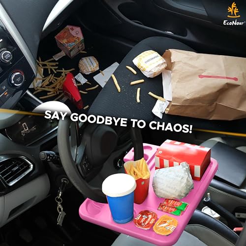 EcoNour 4 in 1 Car Steering Wheel Tray - 2024 Upgraded Pink Tray with Dual Sauce Dip Holder and Tablet Holder | Spacious Steering Wheel Desk for Food and Laptop | Car Accessories (Large) - size: Large-Pink