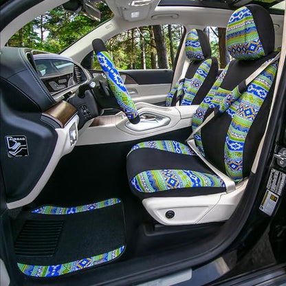 FH Group Full Set Southwestern Print Cloth Car Seat Covers Combo Set with Carpet Floor Mats, Universal Fit, Washable Seat Cover for SUV, Sedan, Green - color: Green