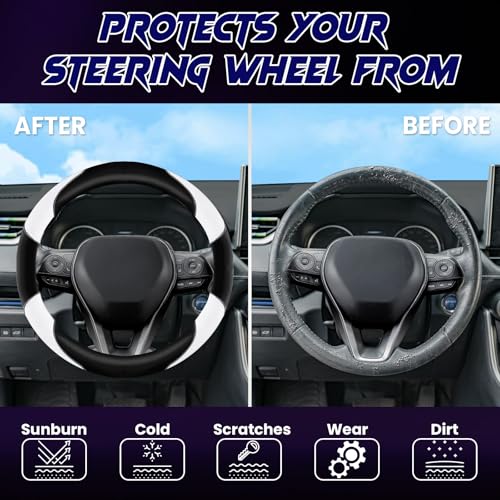 Soft Leather Steering Wheel Cover with Breathable Design and Anti-Slip Grip, Fully Compatible with Tesla, Toyota, Honda, Nissan 14.5-15.2 inch Round Steering Wheel（Sedans and SUVs） - color: DOUBLE-WHITE