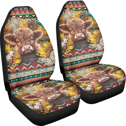 Highland Cattle Car Seat Covers for Women 2 Piece Vehicle Bucket Seat Covers Butterfly Sunflower Print High Back Breathable Front Seats Covers Auto Accessories - color: Highland Cattle Butterfly Sunflower