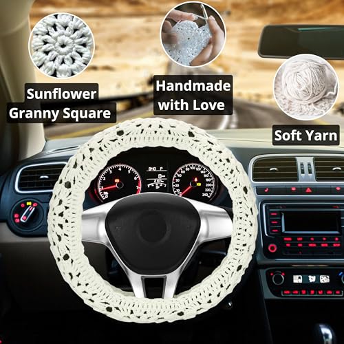 Crochet Steering Wheel Cover Set,Cute Car Steering Wheel Cover Boho 14-15in,Handmade Sunflower Granny Square Pattern,Women Car Accessories (A Wheel Cover) - color: A Wheel Cover