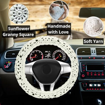 Crochet Steering Wheel Cover Set,Cute Car Steering Wheel Cover Boho 14-15in,Handmade Sunflower Granny Square Pattern,Women Car Accessories (A Wheel Cover) - color: A Wheel Cover